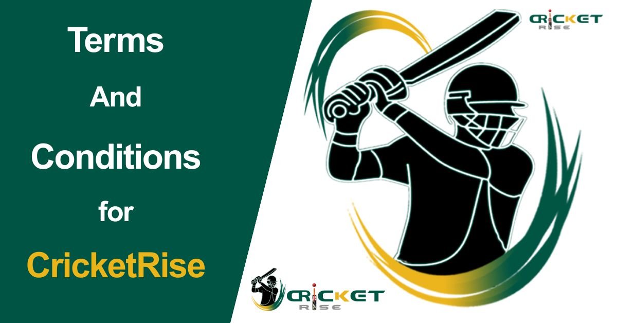 CricketRise.com Terms and Conditions, with cricket bat, ball, and official logo on green background